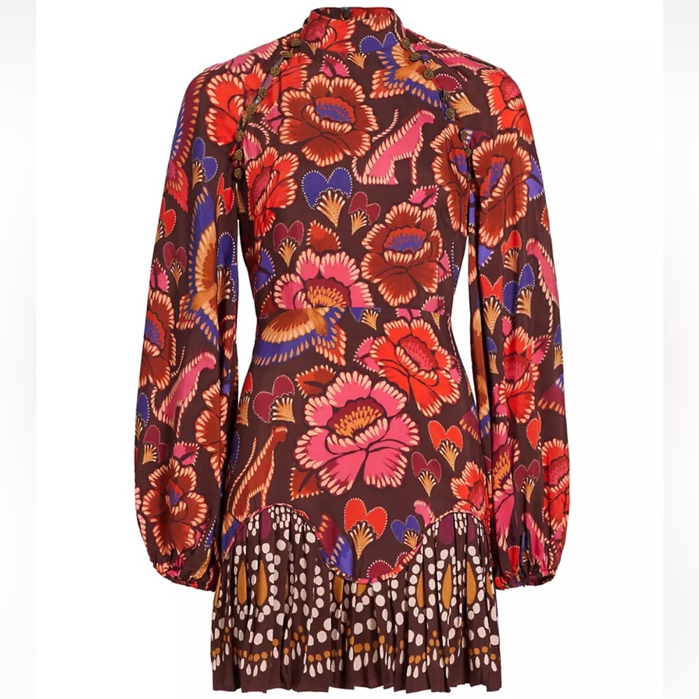 Farm Rio Bright Flora Brown Long Sleeve Mini Dress